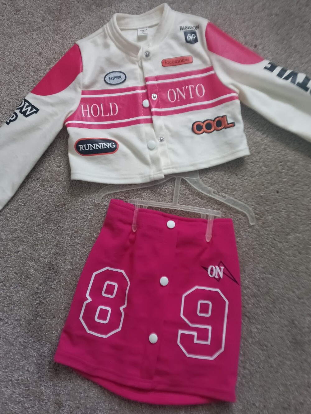 Pink & White Graphic Two-Piece Set - 'Hold Onto' Jacket + 89 Skirt